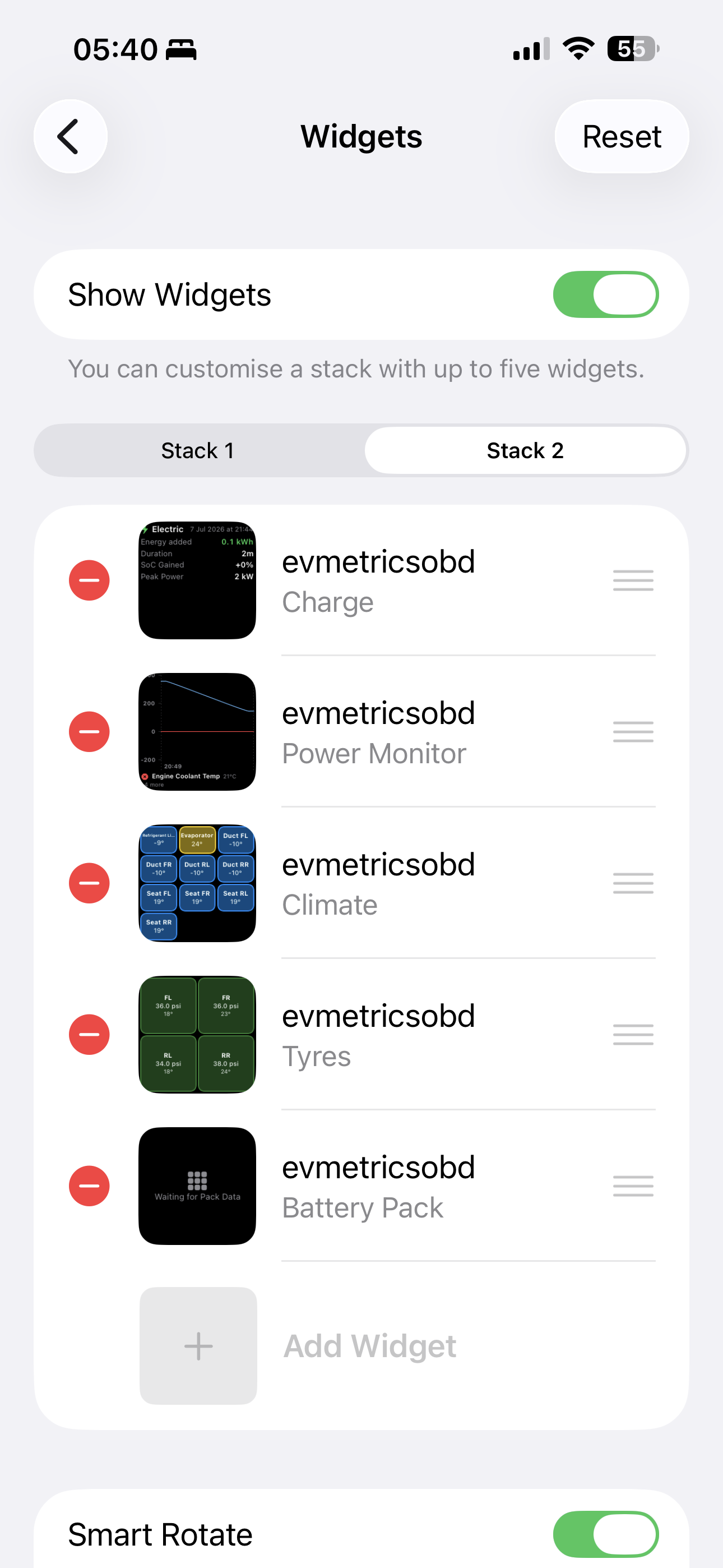 Widget stack configuration — Charge, Power Monitor, Climate, Tyres and Battery Pack widgets