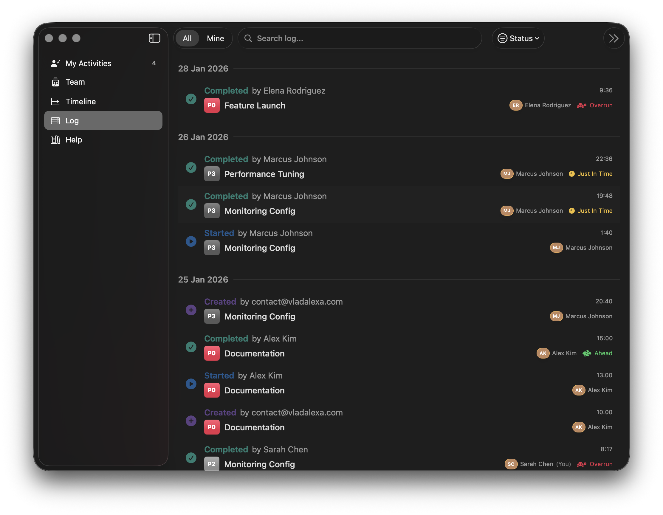 Valta Team Member App - Activity Log